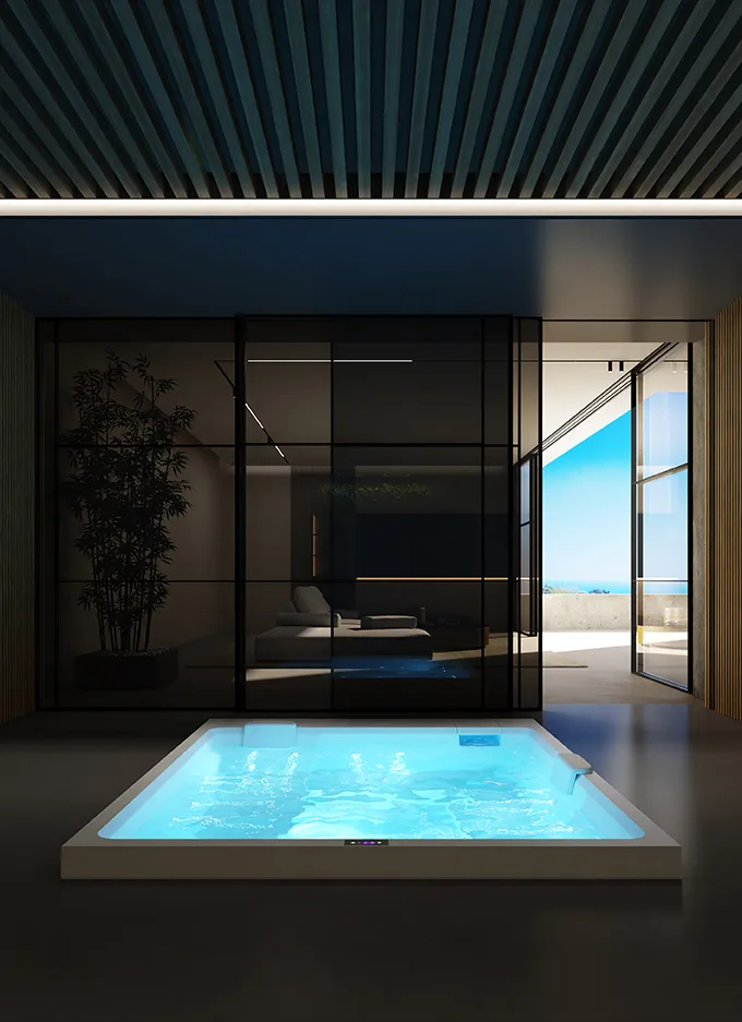 Minipiscina Realxdesign Collezione Stage incassata in esterno con vista mare.