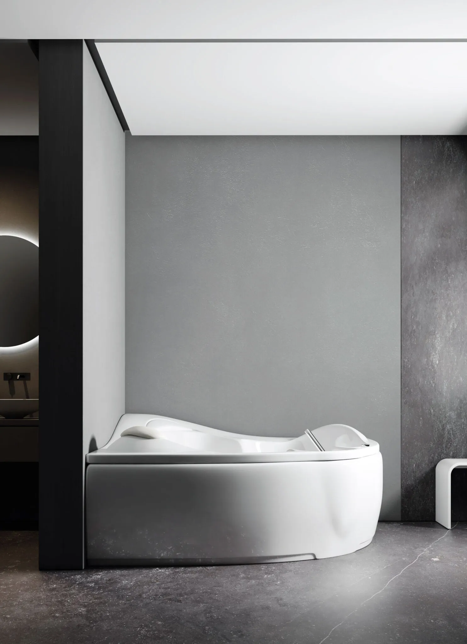 Vasca idromassaggio angolare con poggiatesta integrato in ambiente moderno con pareti grigie.