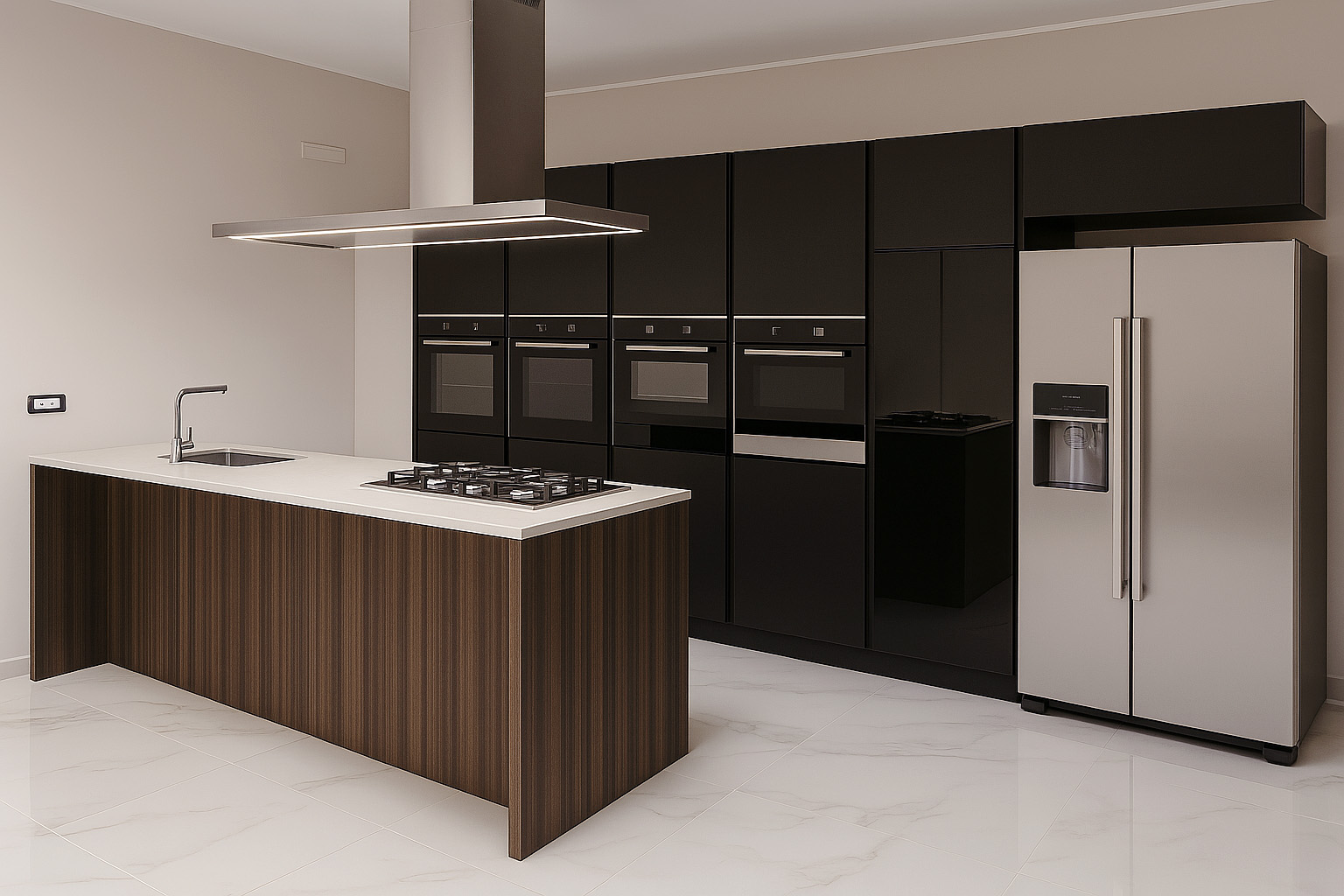 Cucina con isola in legno e forni incassati – ristrutturazione chiavi in mano