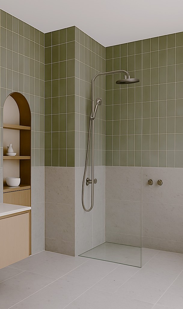 Bagno moderno con rivestimenti verde salvia – ristrutturazione chiavi in mano Nocera Inferiore