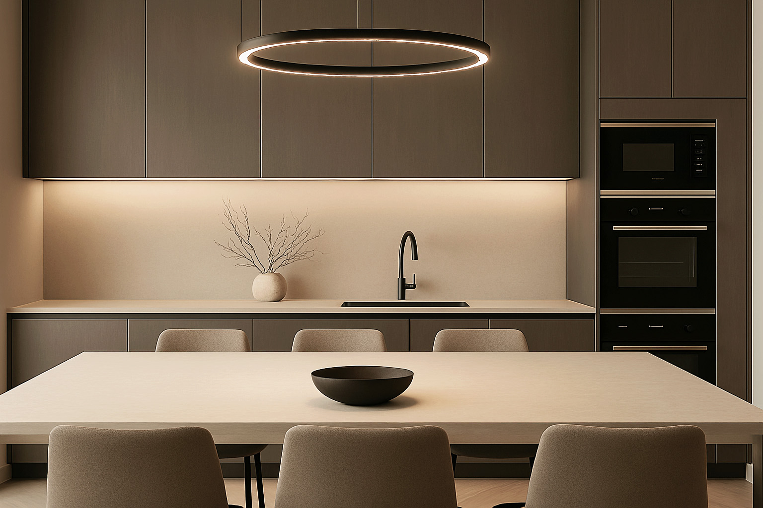 Zona pranzo moderna con illuminazione a sospensione – progetto ristrutturazione chiavi in mano