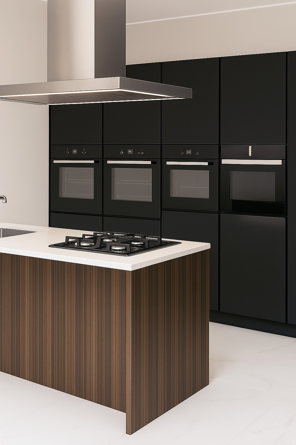 Cucina con isola in legno e forni a colonna – ristrutturazione chiavi in mano