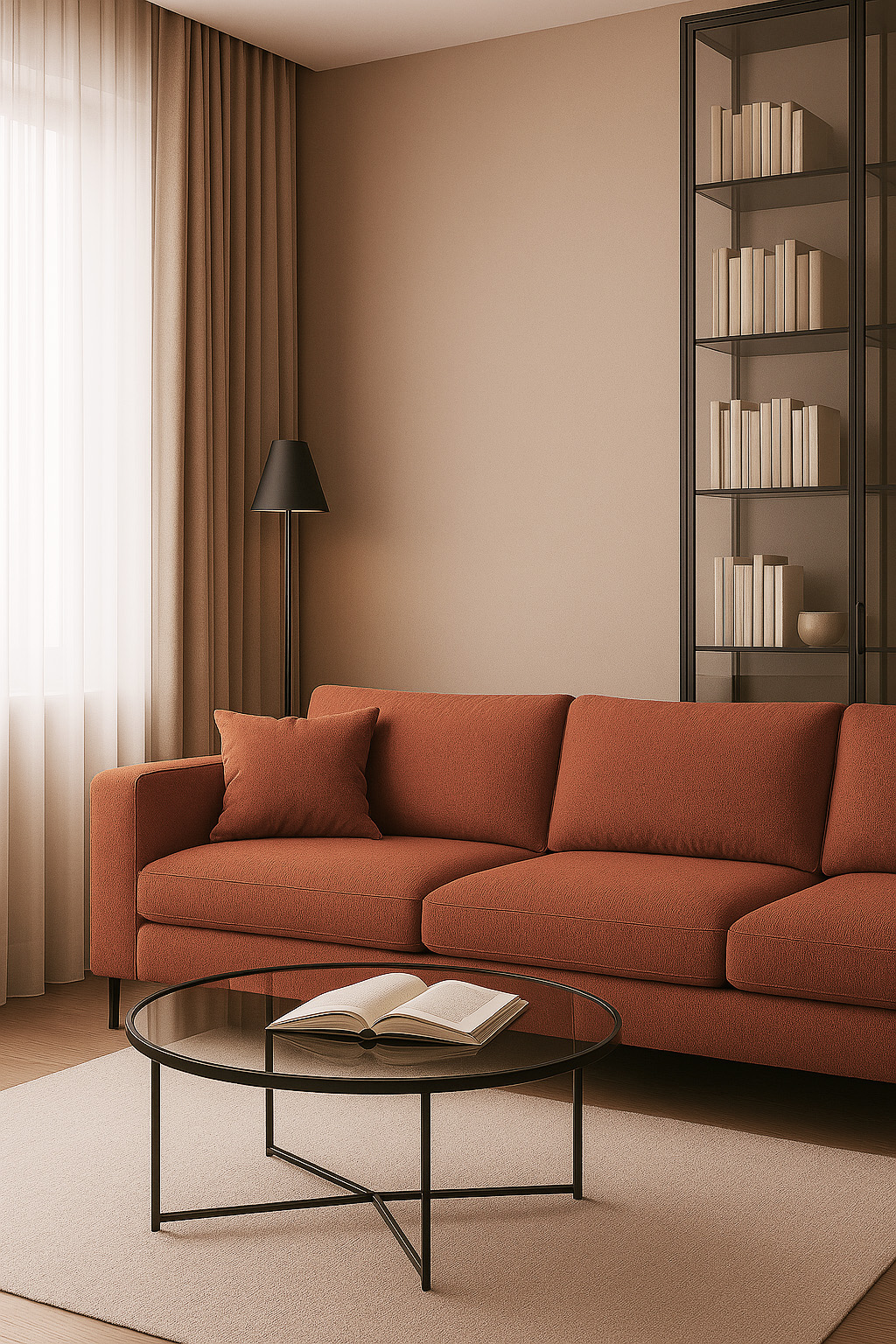 Living moderno con divano rosso e toni neutri – progetto chiavi in mano