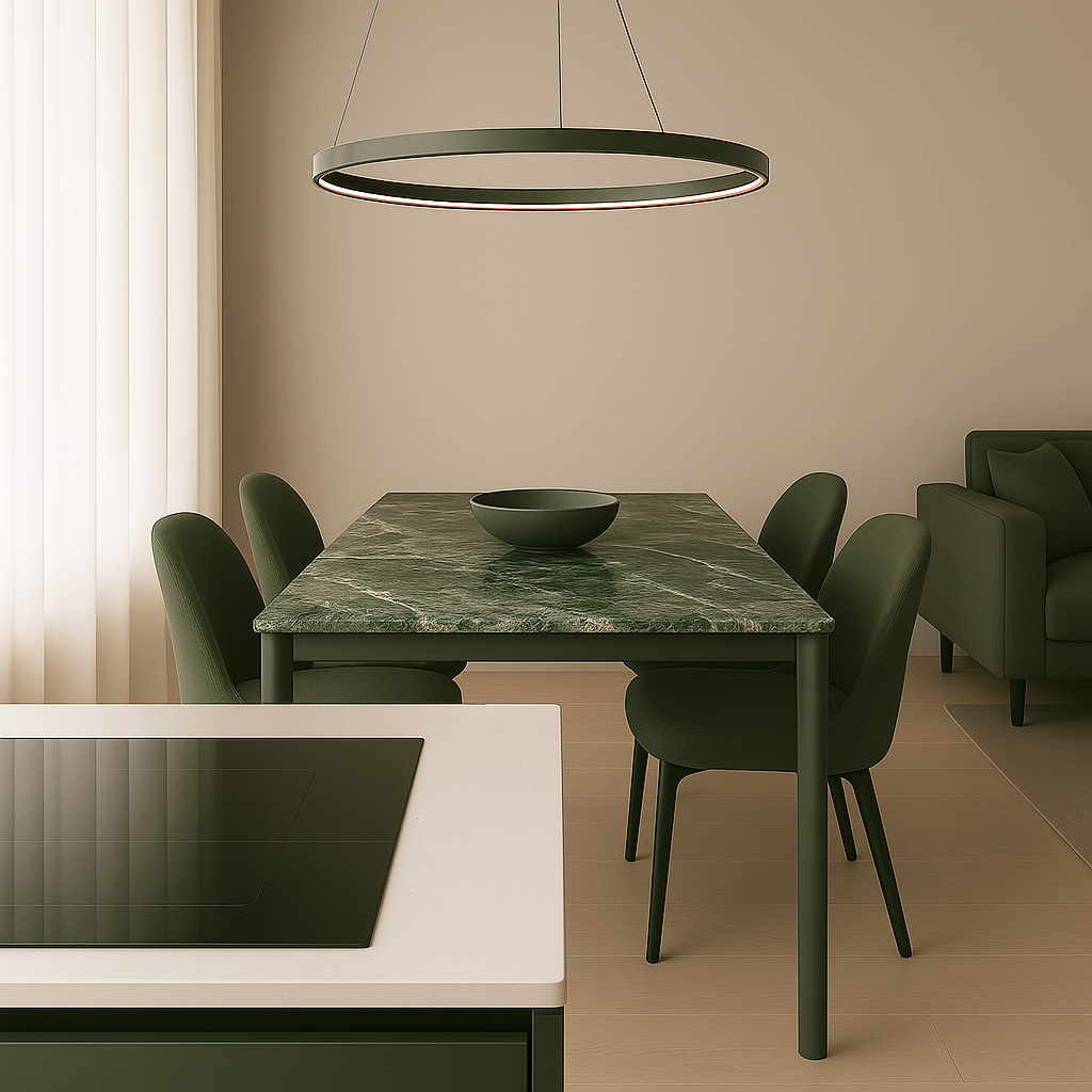 Zona pranzo verde con tavolo e sedute coordinate – progetto di ristrutturazione