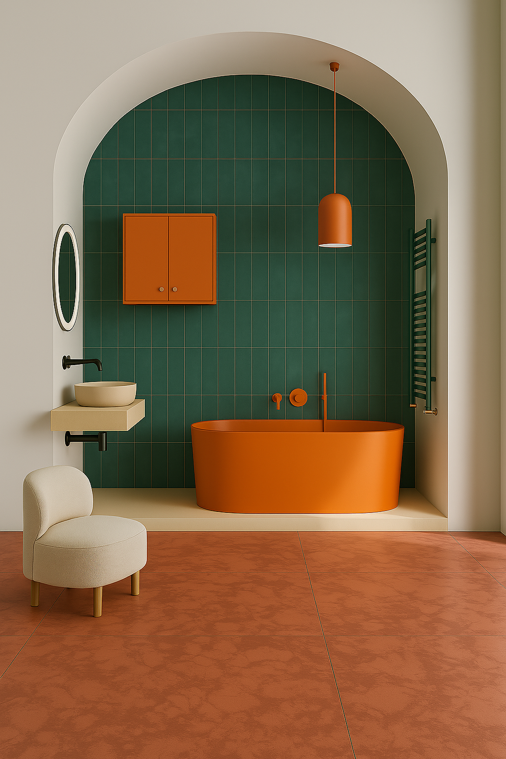 Bagno colorato con vasca freestanding arancione – progetto ristrutturazione chiavi in mano