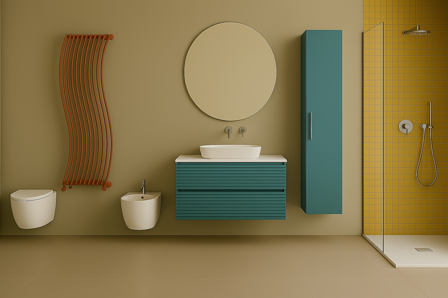 Bagno moderno con arredo azzurro e specchio tondo – progetto chiavi in mano