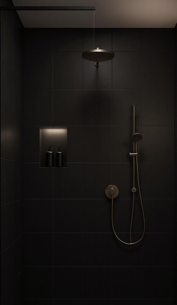Bagno total black con specchio retroilluminato – progetto ristrutturazione chiavi in mano