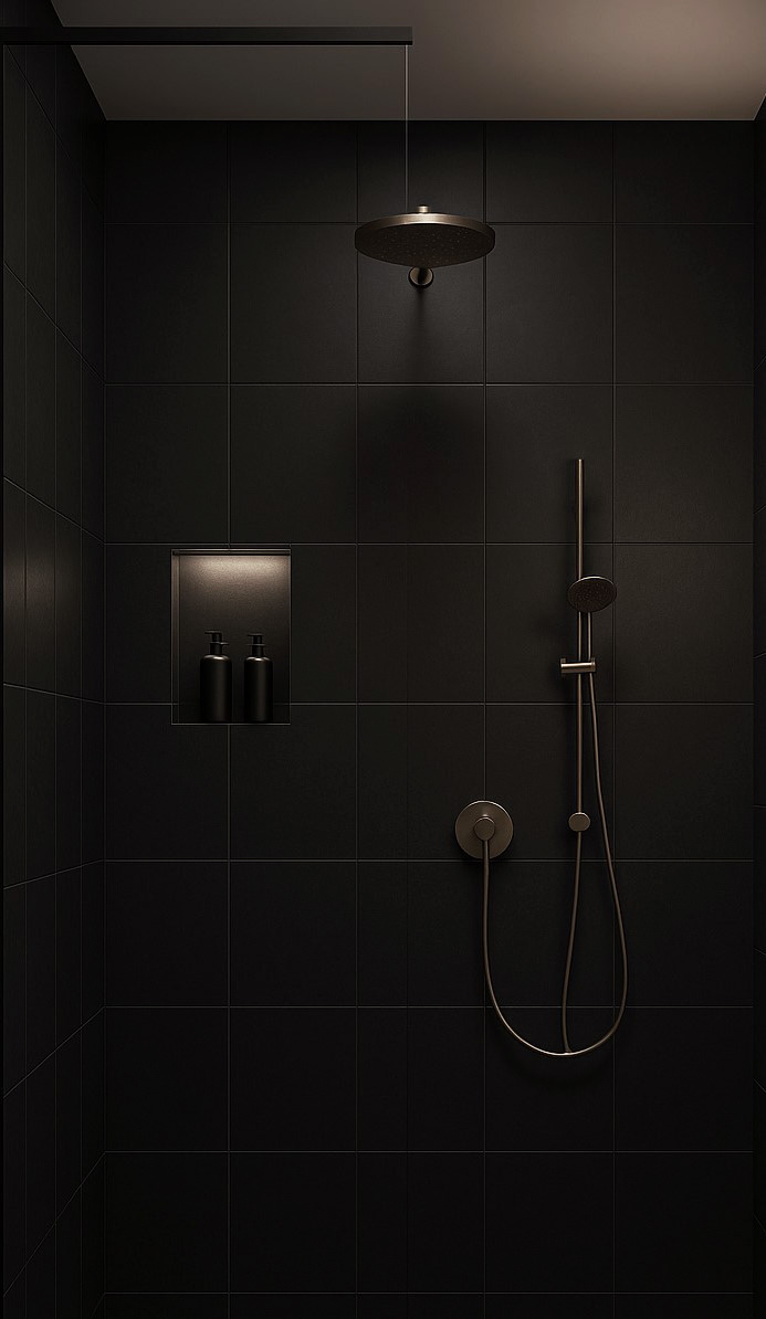 Bagno total black con specchio retroilluminato – progetto ristrutturazione chiavi in mano