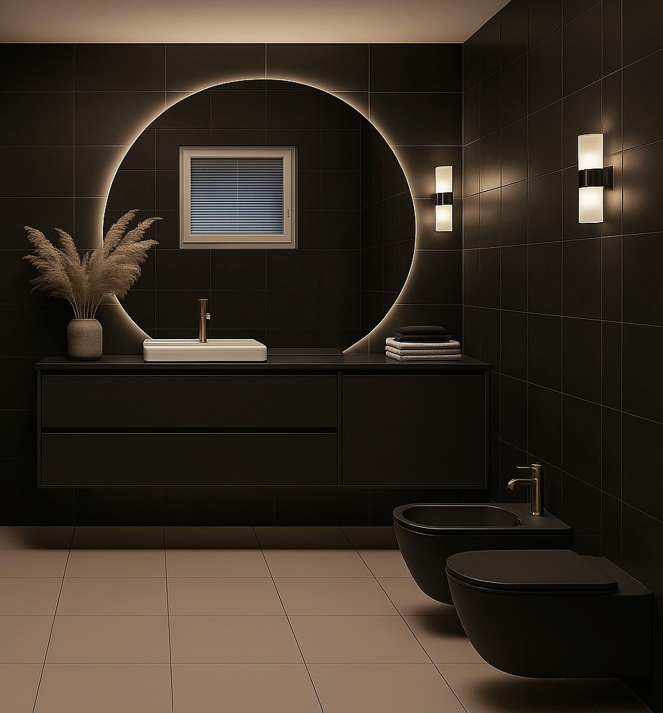 Bagno total black con specchio retroilluminato – progetto Maison Arreda