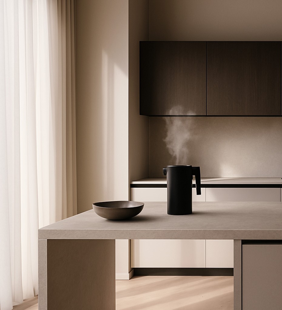 Dettaglio cucina con texture neutre e vapore – ristrutturazione chiavi in mano Nocera Inferiore
