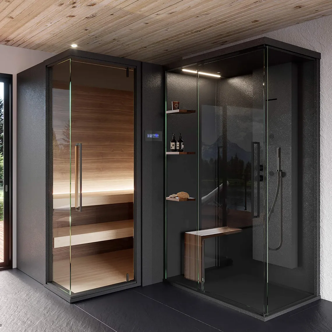Cabina hammam in vetro con seduta in legno e pannello multifunzione in acciaio.