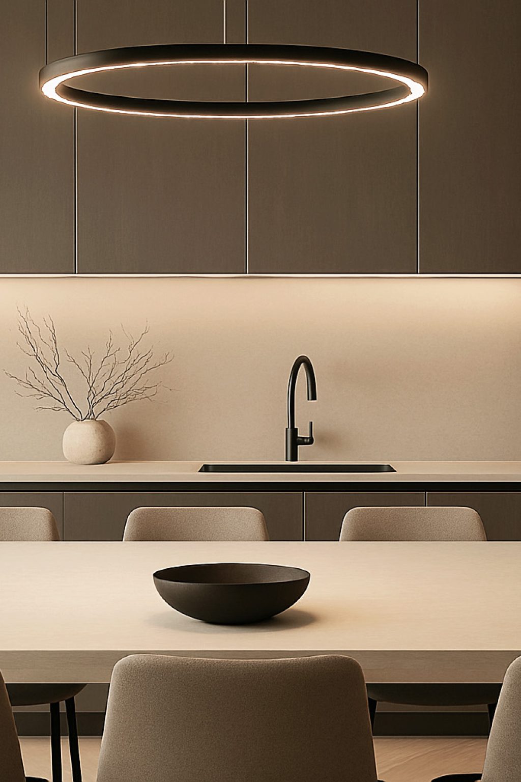 Zona pranzo moderna con illuminazione a sospensione – progetto ristrutturazione chiavi in mano