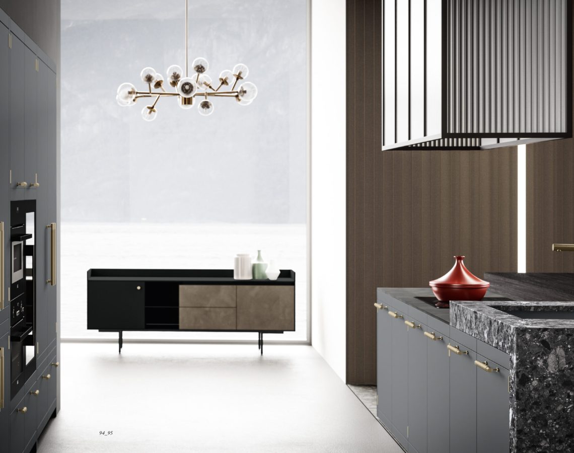 Cucina di design con finiture in grigio opaco e marmo scuro