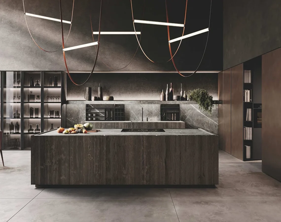 Cucina scura Bluna Metal con isola in pietra