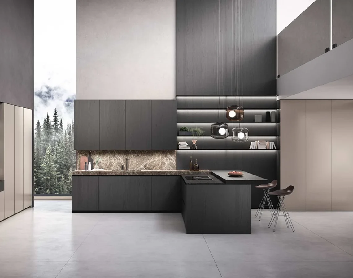 Cucina Bluna Tech con boiserie retroilluminata