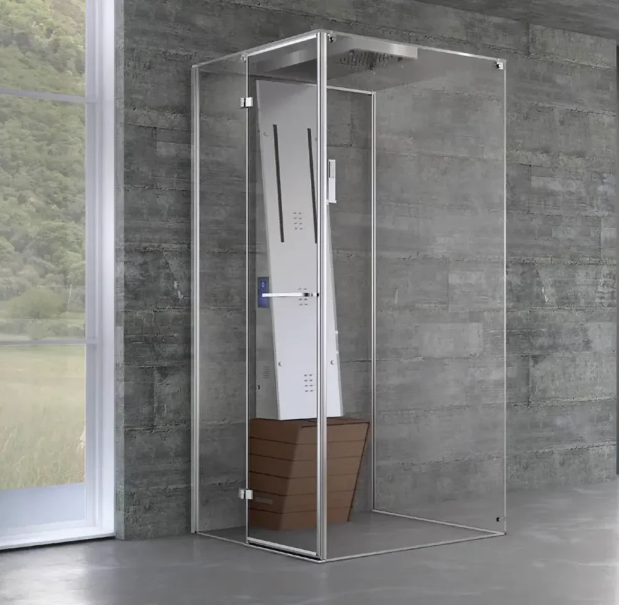 Hammam e sauna affiancati in un modulo combinato per percorsi termali completi.