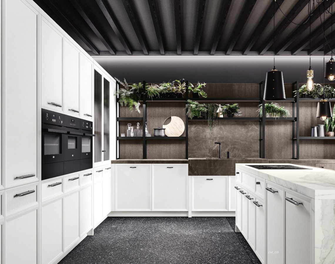 Cucina angolare bianca con isola e tavolo integrato