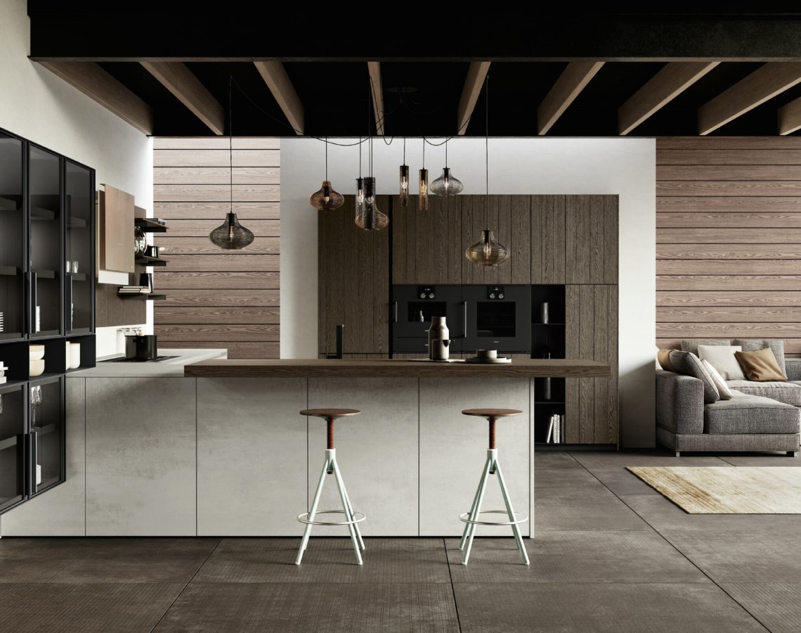 Cucina angolare effetto cemento con penisola snack in legno