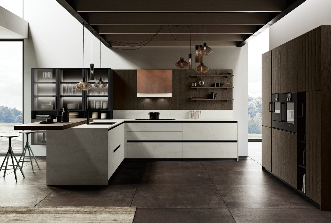 Cucina moderna in cemento con boiserie in legno e isola centrale