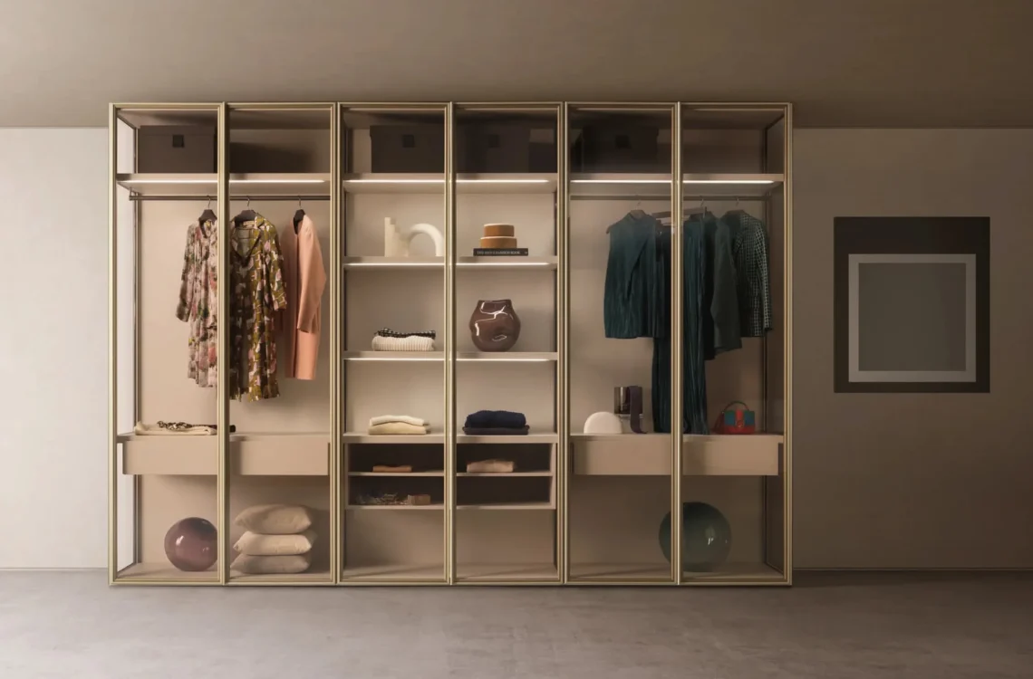 Cabina armadio Pianca grigio antracite con abiti e accessori a vista