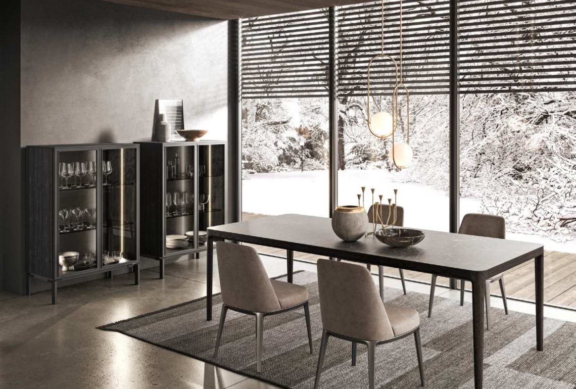 Cucina moderna Regula con pensili Bluna, vista angolare