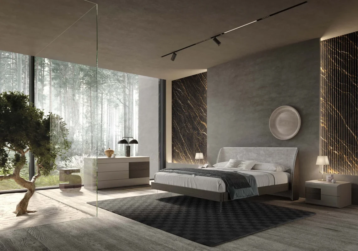 Letto grigio sospeso in una camera luminosa con pareti scure e sfondo boschivo.