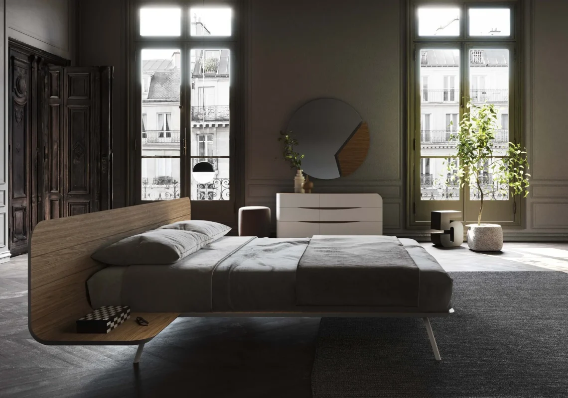Letto in legno curvato con design minimale e atmosfera parigina.