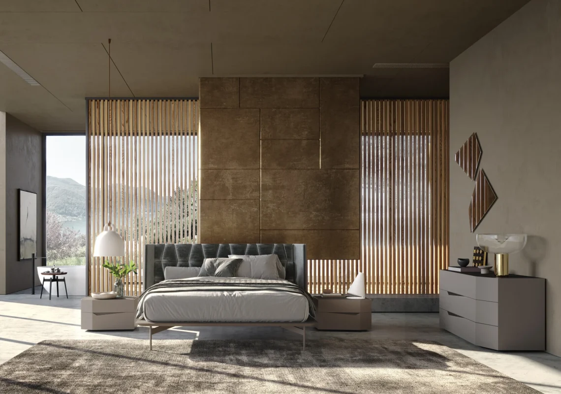 Letto moderno con testiera geometrica in legno chiaro e laccato, sospeso su base bianca, in camera dai toni grigi.