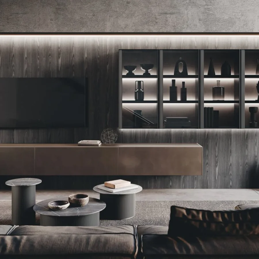 Parete attrezzata Binova Blu Metal con inserti in legno e LED