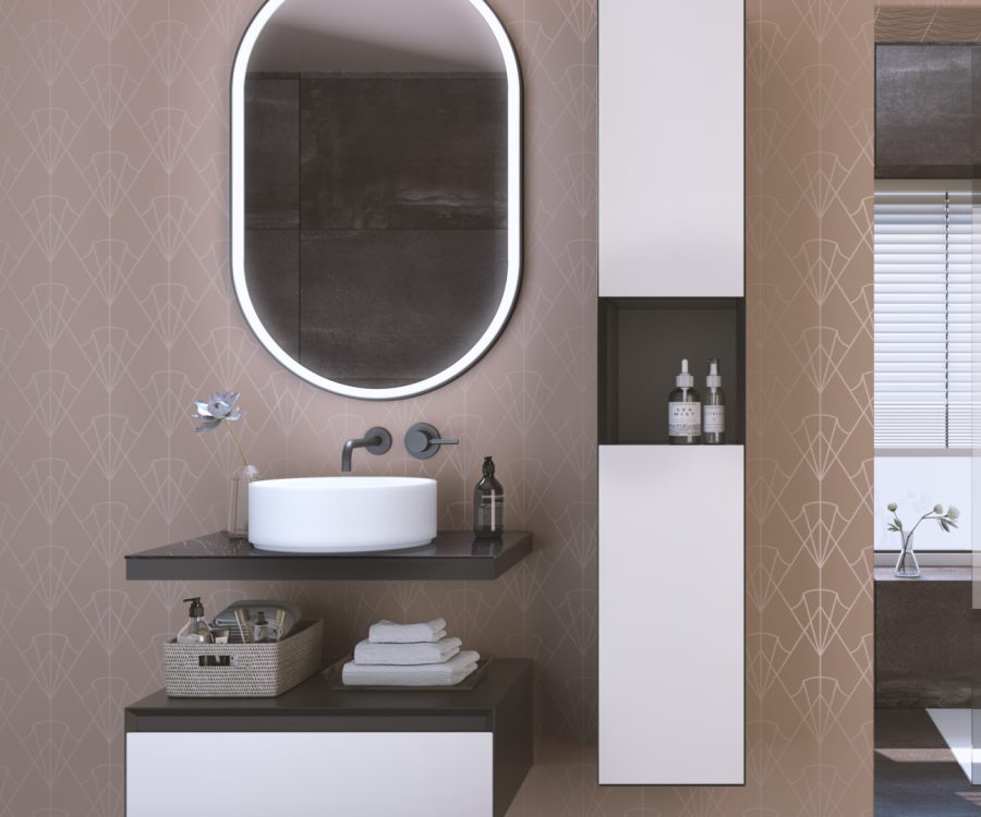 Mobile bagno sospeso bianco e nero con lavabo rotondo d'appoggio, specchio ovale retroilluminato e colonna contenitore.