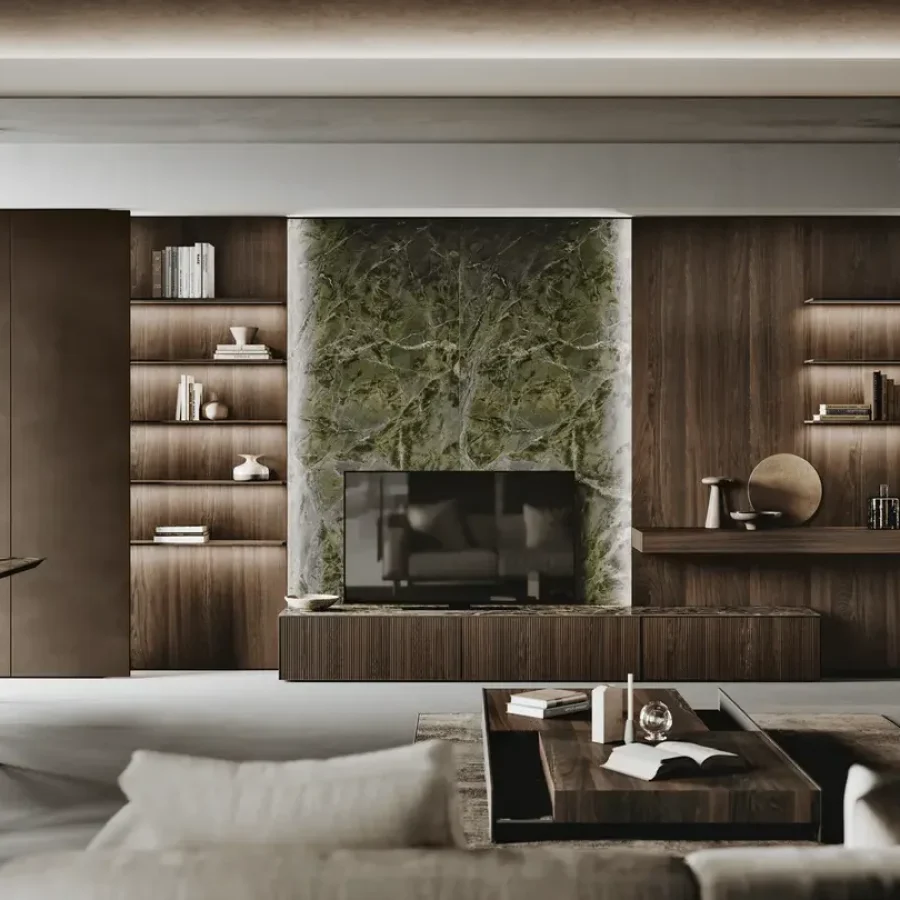 Living Binova Avola Legno con boiserie in legno e TV integrata